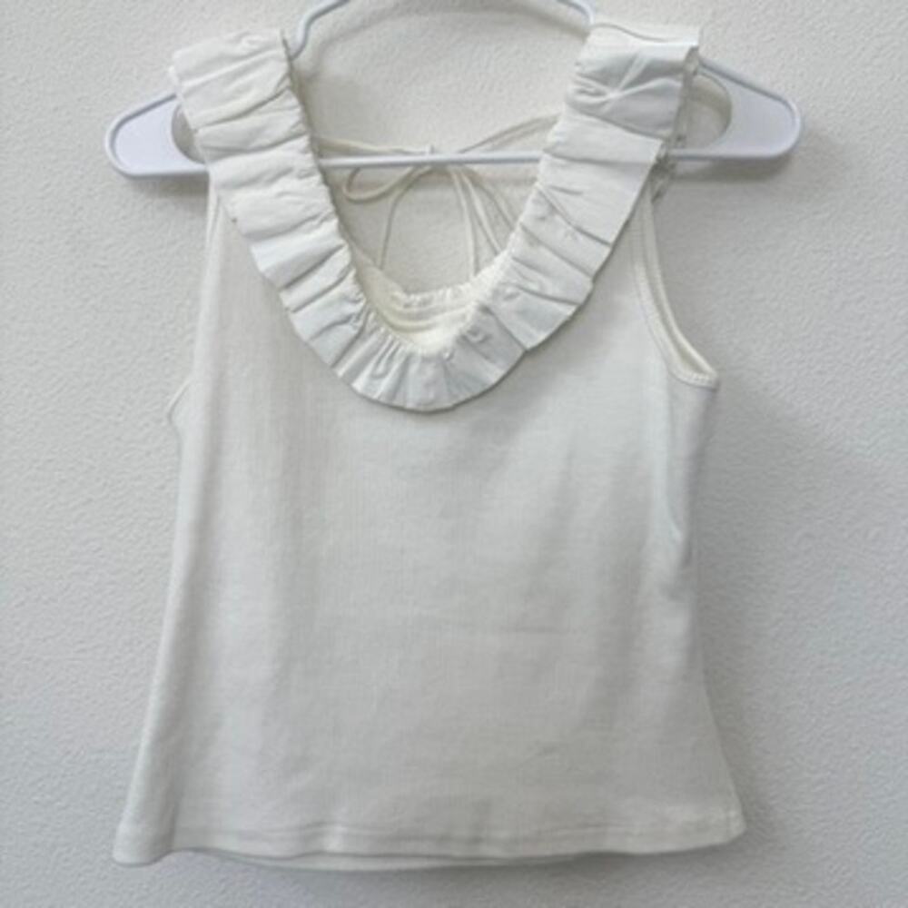 &Merci White Ruffle Collar Tank Top Cotton Blend Tie Back Cottagecore S